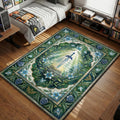 Master Sword in stone pedestal surrounded by blue flowers and Hylian crests watercolor style gaming area rug and floor mat