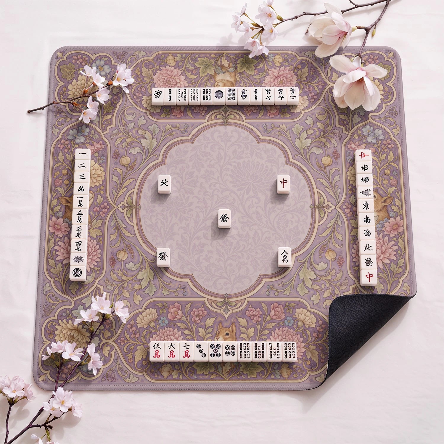 Mauve Squirrel design close-up on mahjong mat surface