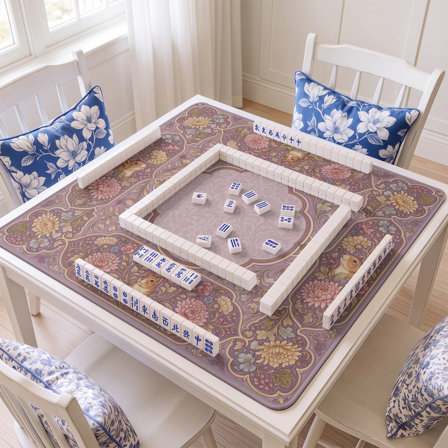 Mauve Squirrel mahjong mat with tiles and racks on the table