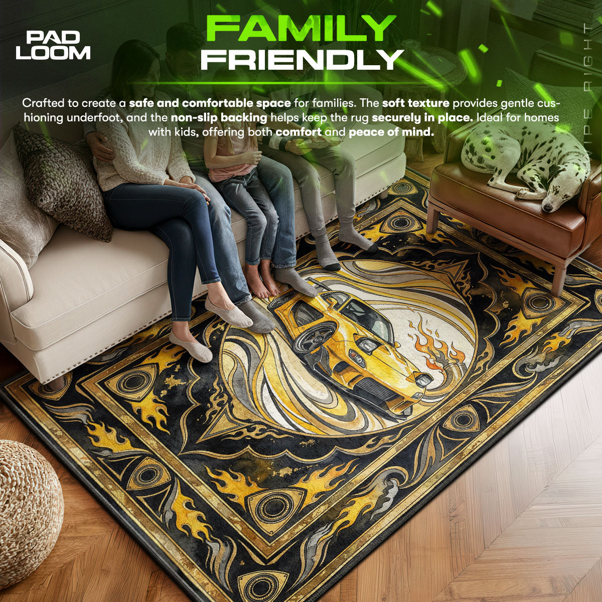 Mazda area rug showing full home decor artwork