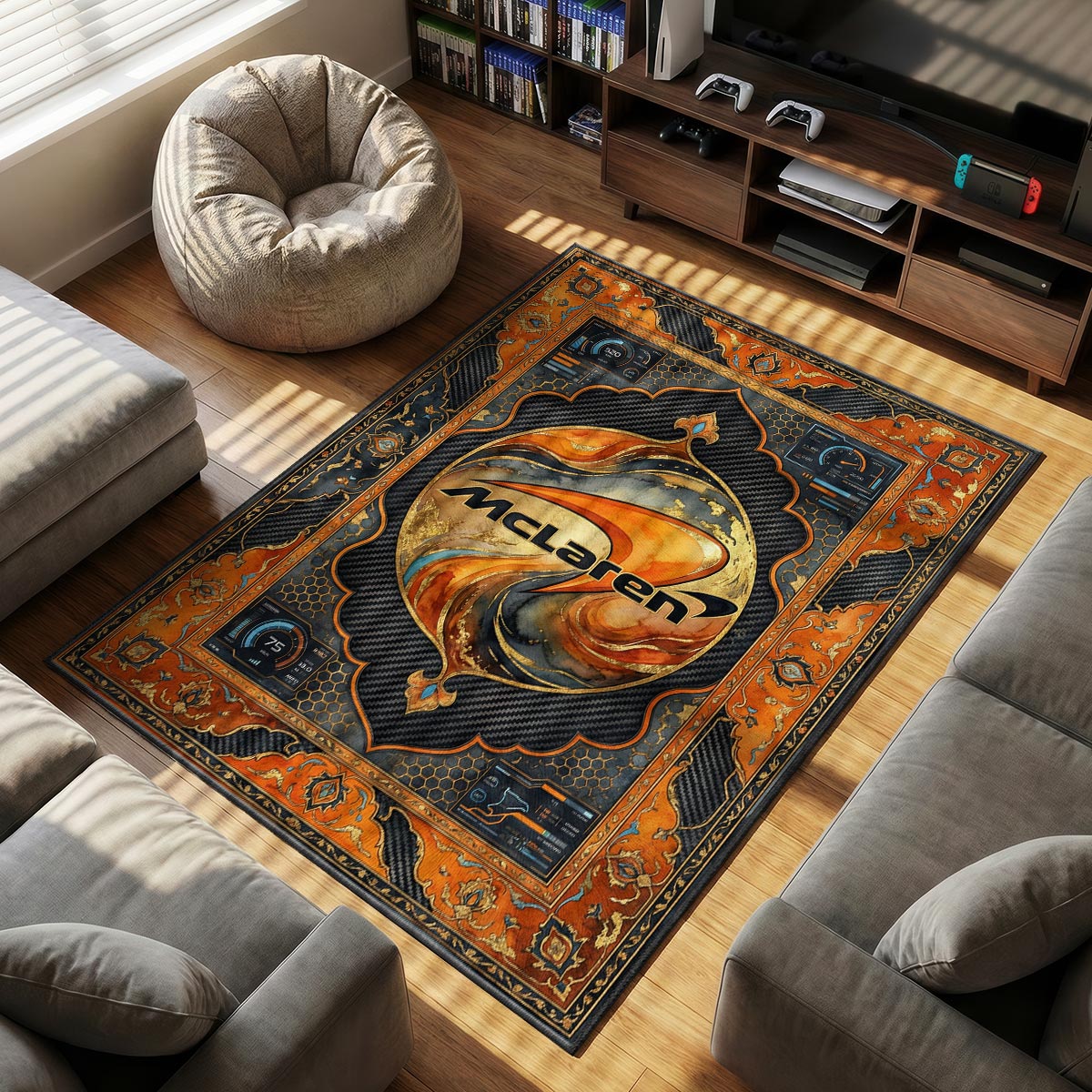 McLaren Carbon themed area rug for home decor fans