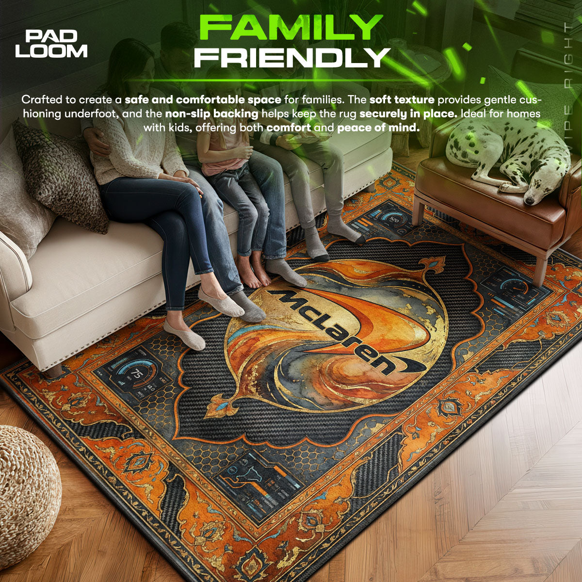 McLaren area rug showing full home decor artwork