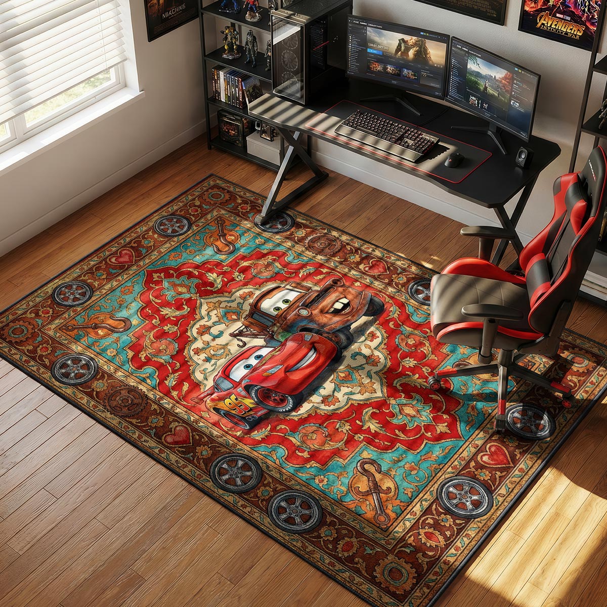 McQueen and Mater buddy rug placed in a kids playroom with toy cars and colorful shelves