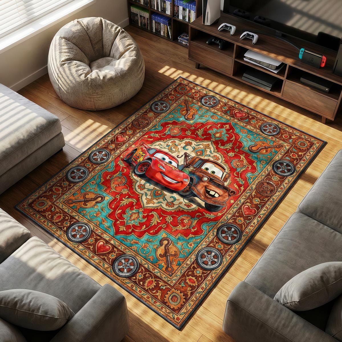 Close-up of McQueen and Mater area rug showing bronze gear border and red teal velvet texture