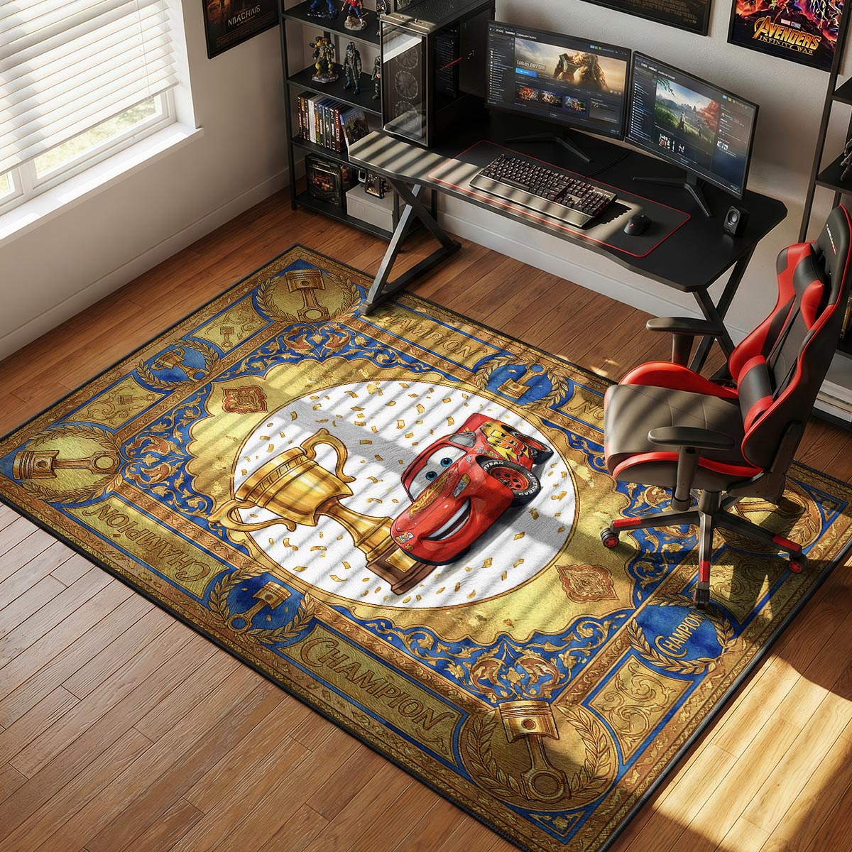 Close-up of McQueen Champion area rug showing gold piston border and blue velvet texture
