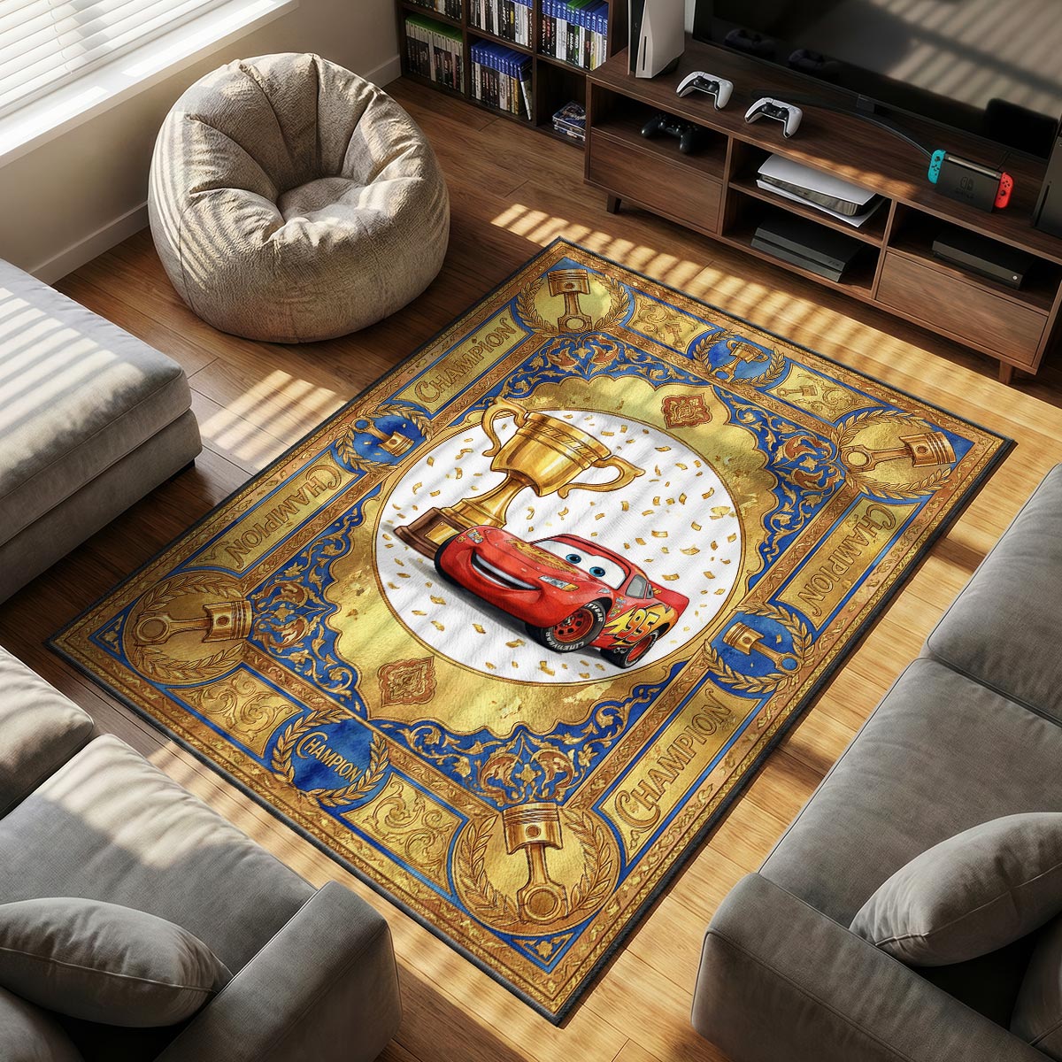 McQueen Champion themed area rug for home decor fans