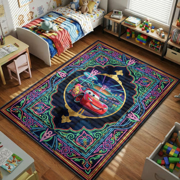 McQueen Flo's V8 Cafe Cars kids area rug with neon scrollwork on dark navy tapestry