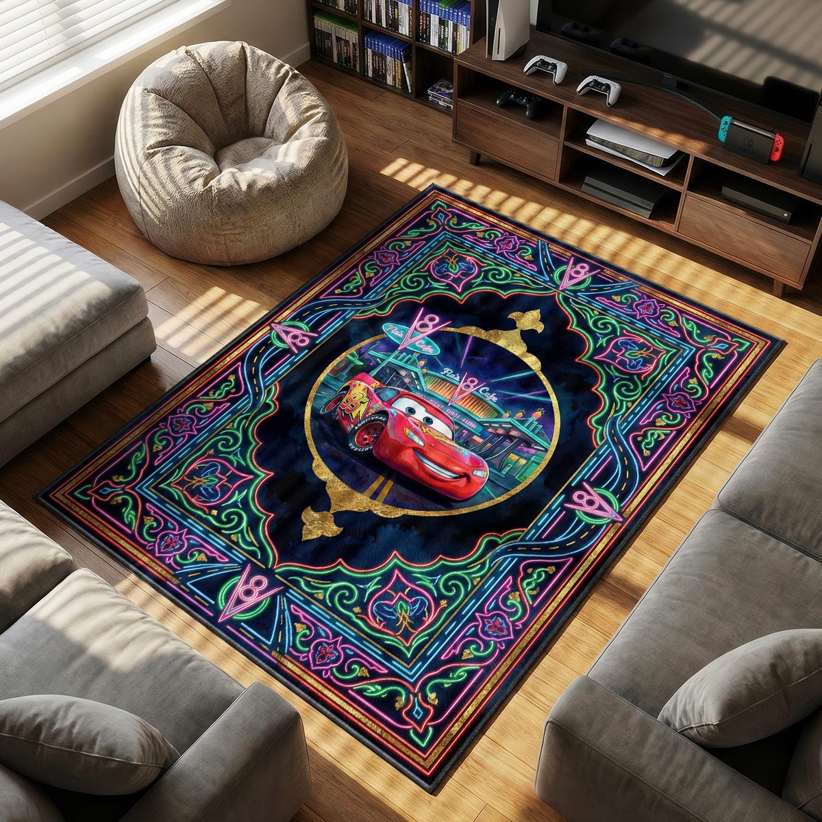Close-up of V8 Cafe area rug showing neon green scrollwork and gold leaf on navy velvet
