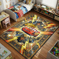 McQueen Ka-Chow Cars kids area rug with lightning bolts on navy red starburst tapestry
