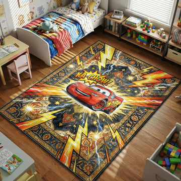 McQueen Ka-Chow Cars kids area rug with lightning bolts on navy red starburst tapestry