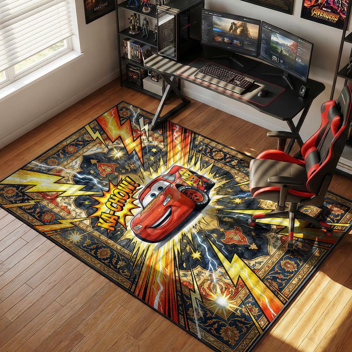 McQueen Ka-Chow rug placed in a playroom with toy car collection and colorful storage bins