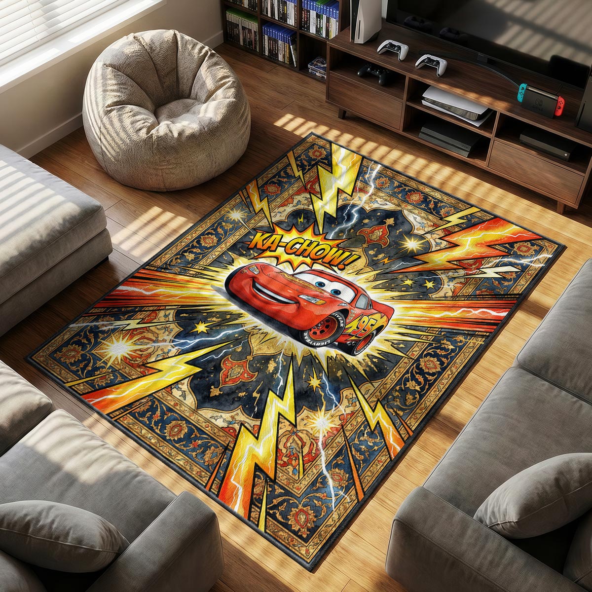 Close-up of McQueen Ka-Chow area rug showing lightning bolt detail and gold spark texture