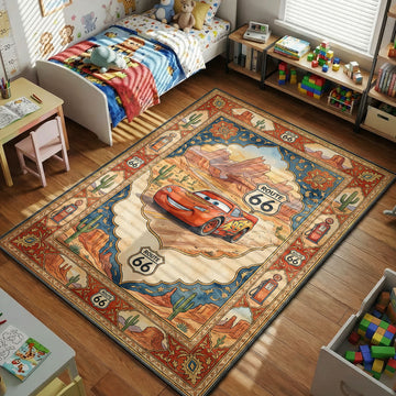 McQueen Route 66 Cars kids area rug with desert mesas and cacti on sand terracotta tapestry