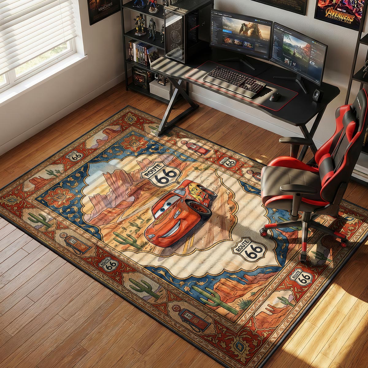 McQueen Route 66 rug in a kids room with Southwest decor and warm wood furniture
