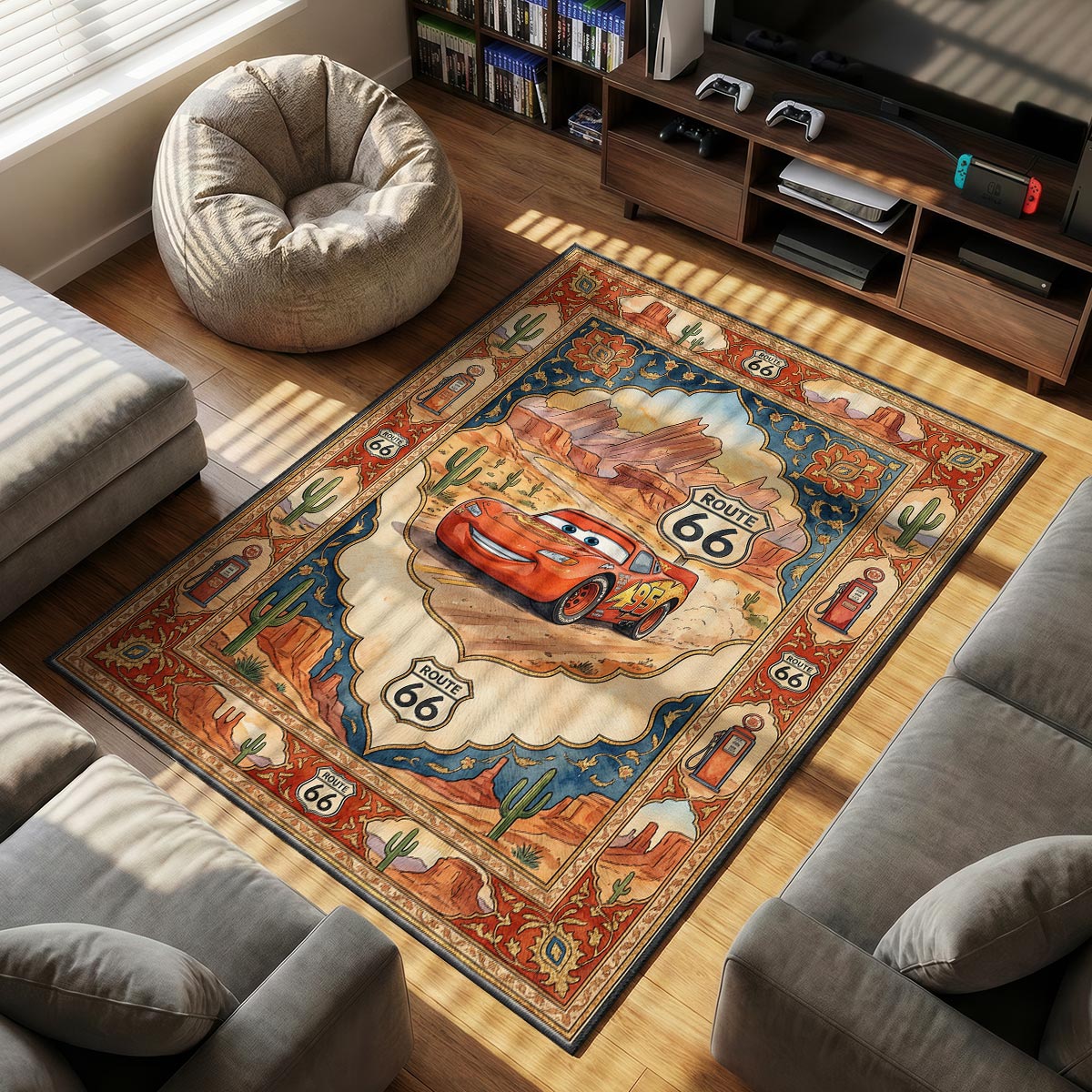 Close-up of McQueen Route 66 area rug showing vintage gas pump border and sand velvet texture