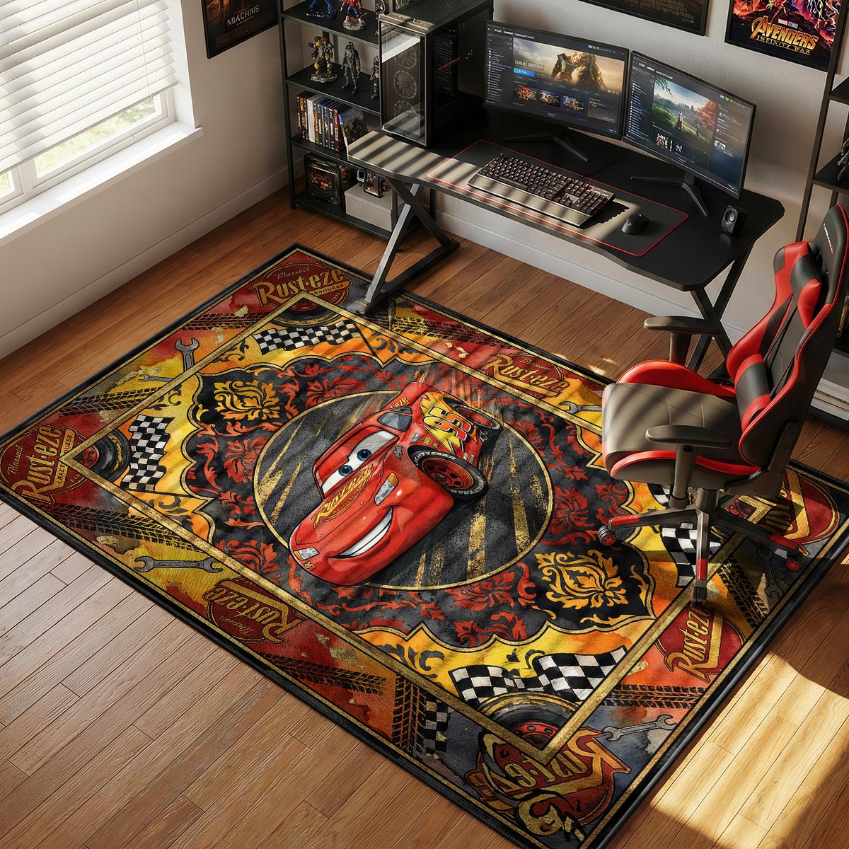 Close-up of McQueen Rust-eze area rug showing checkered flag detail and red dye-sublimation