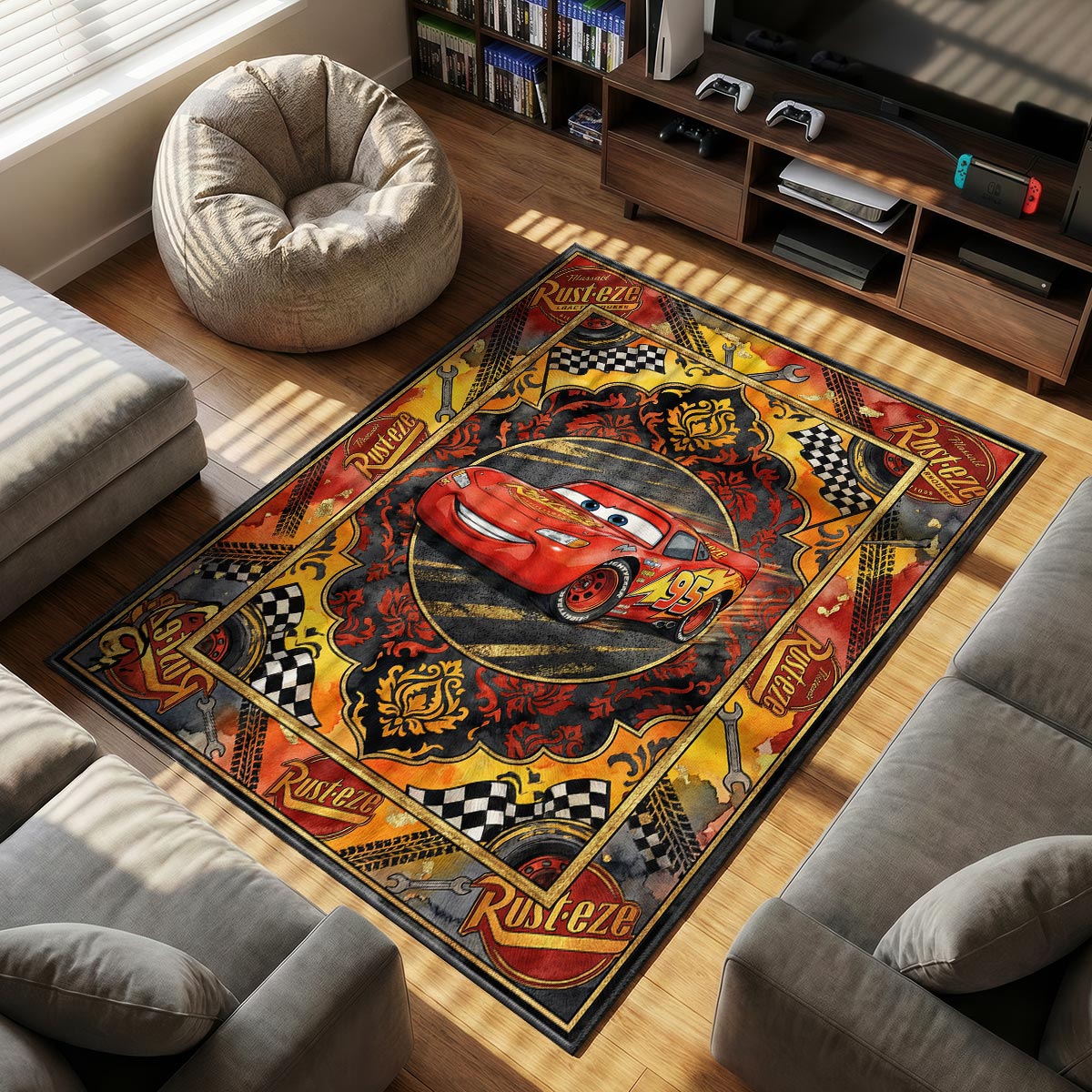 McQueen Rust themed area rug for home decor fans