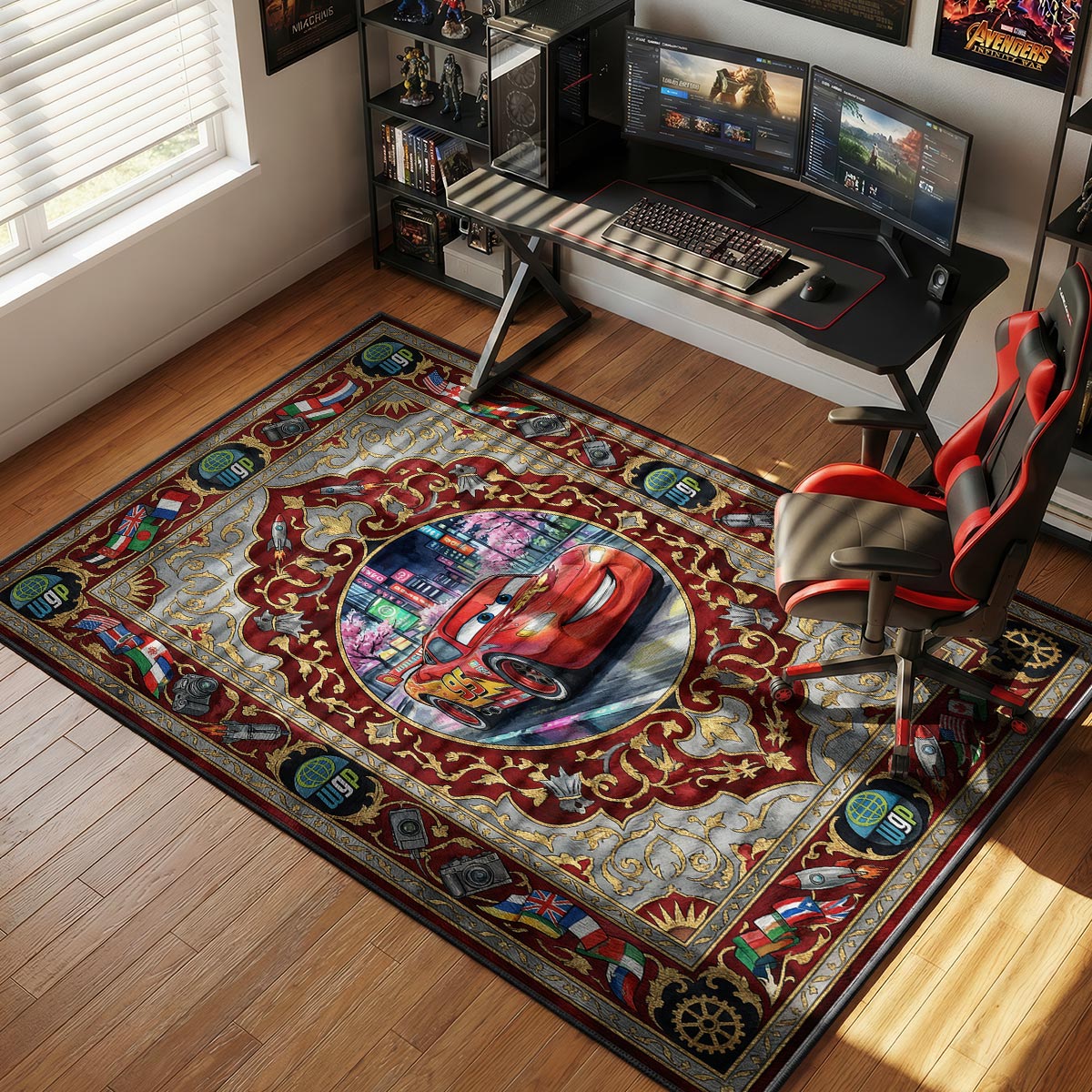 McQueen WGP rug placed in a kids room with world map wall art and toy car collection