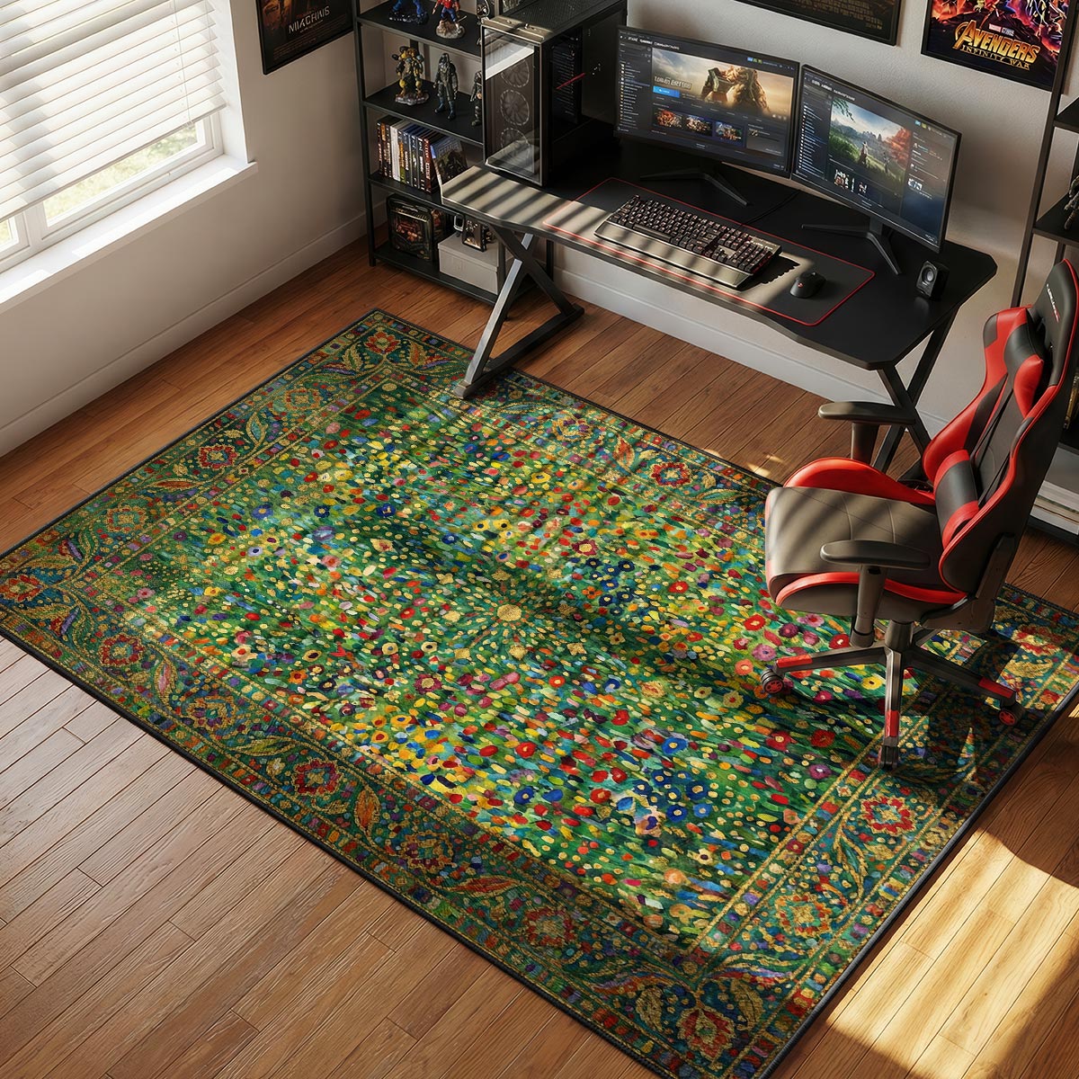 Meadow burst floral rug placed in a bright living room with white walls and indoor plants