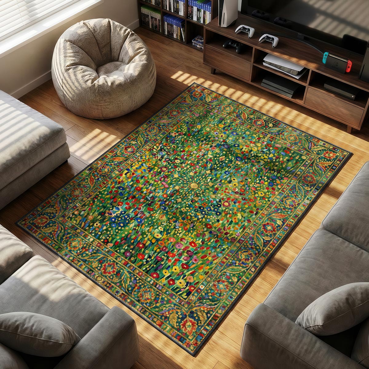 Close-up of impressionist meadow rug showing individual brushstroke dots and plush fiber surface