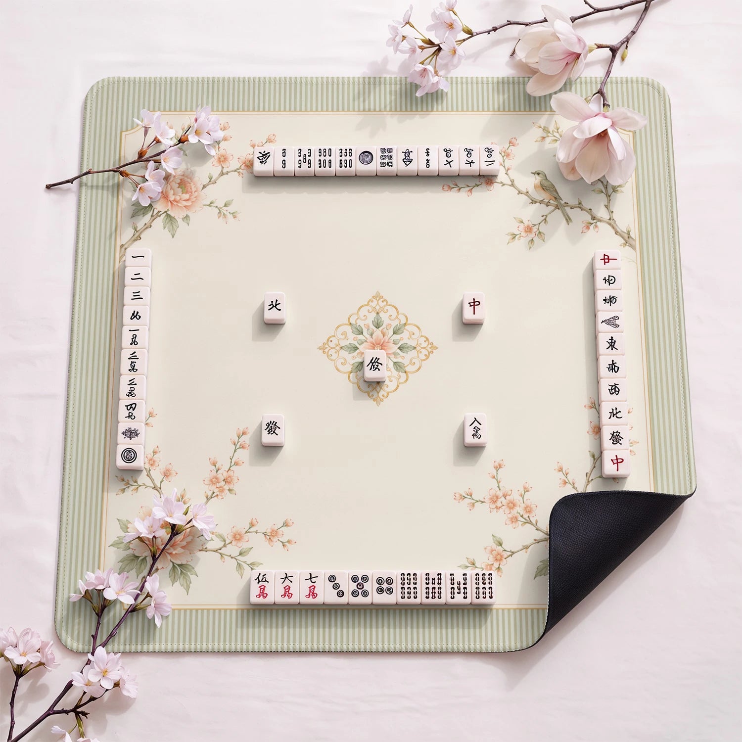 Meadow Songbird design close-up on mahjong mat surface