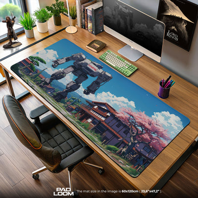 Mecha Mouse Pad, Sakura Village Scene Gaming Desk Mat