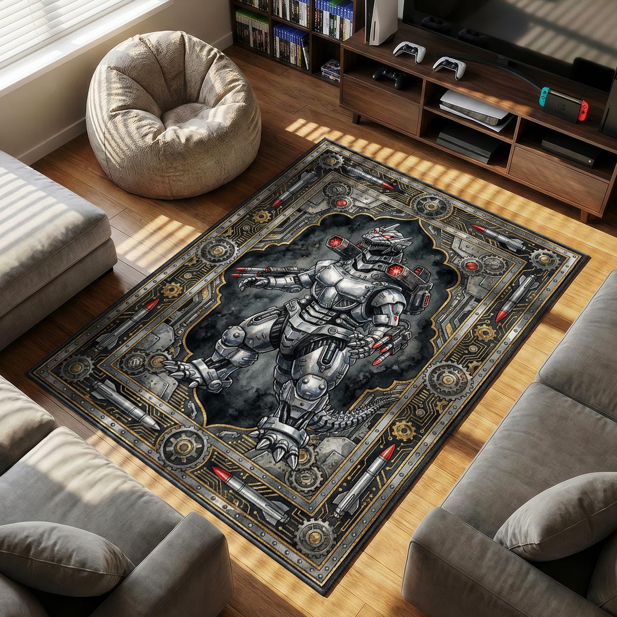 Mechagodzilla Industrial themed area rug for Kaiju fans