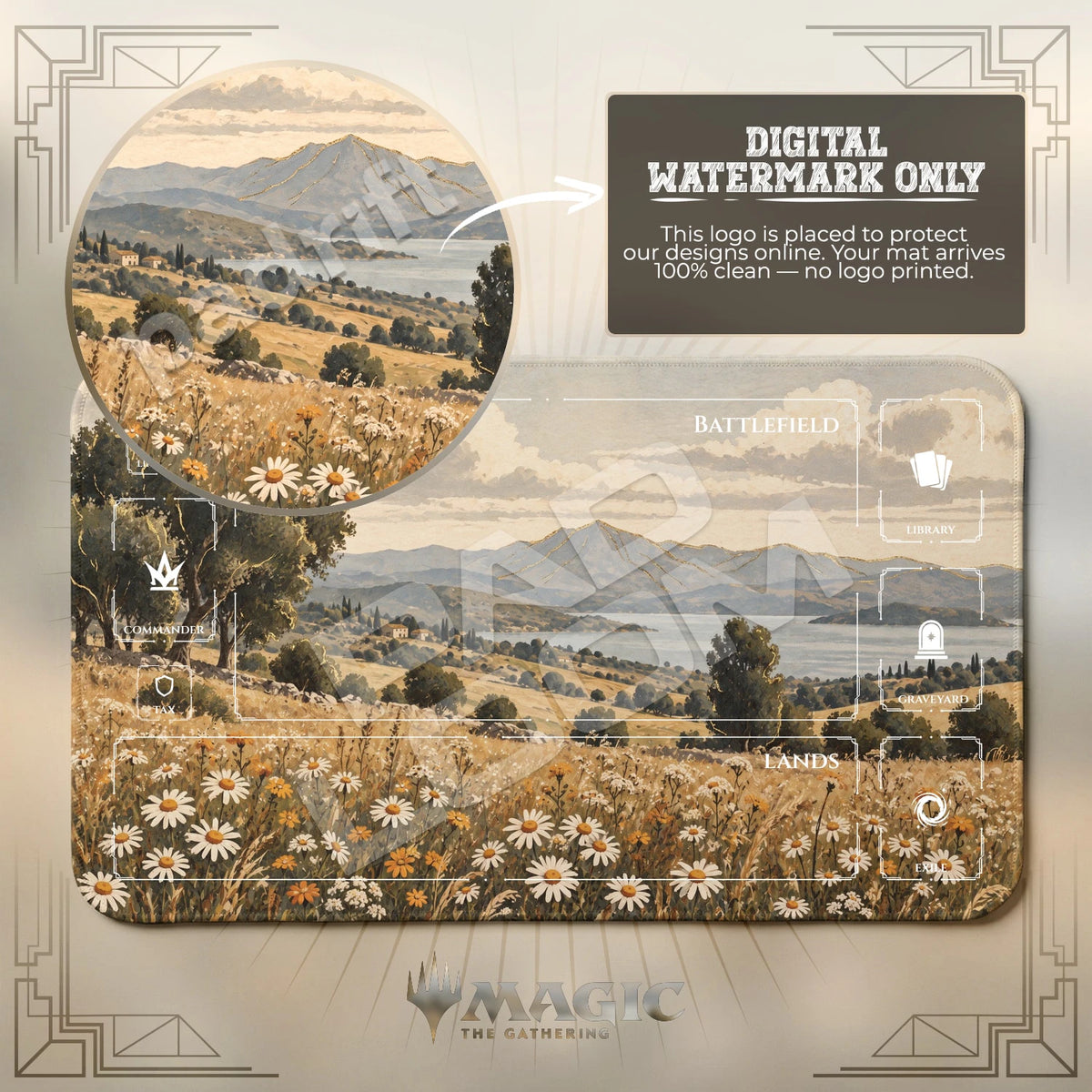Mediterranean Daisy MTG playmat with zones; the Padloom watermark is digital only, not printed
