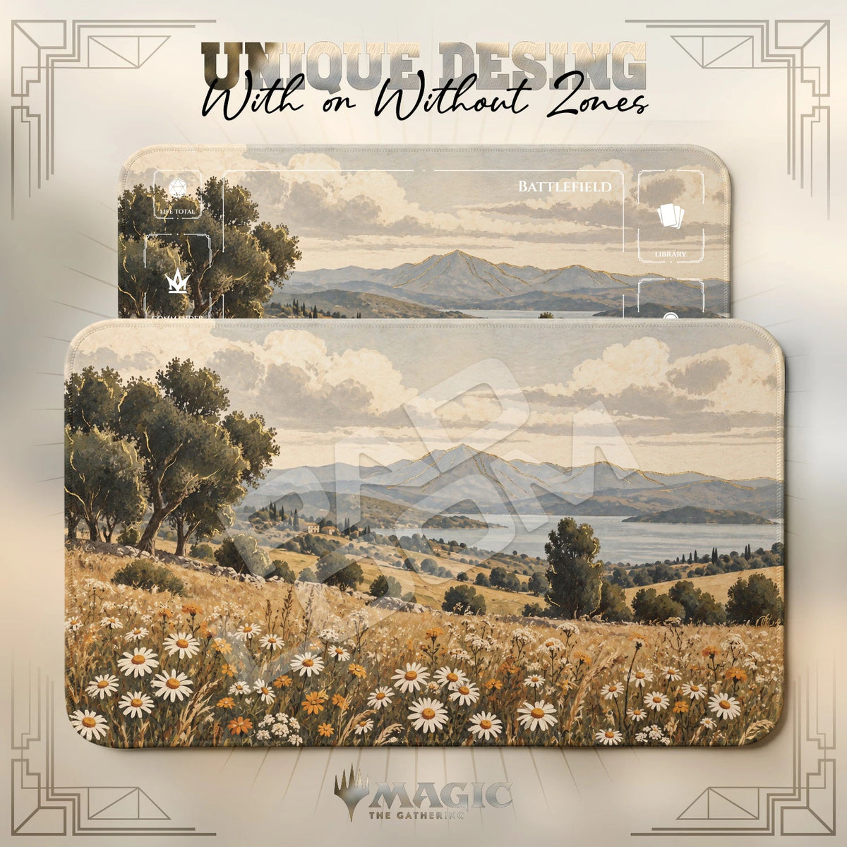Mediterranean Daisy MTG playmat shown with zones and without zones
