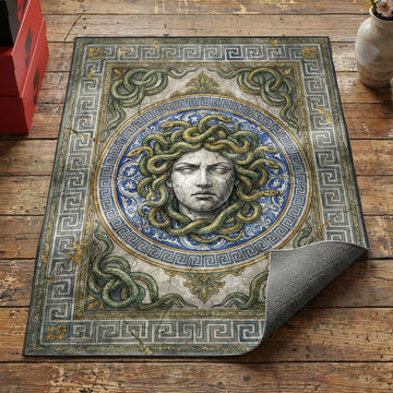 Greek mythology Medusa area rug with stone gorgon face snakes and Greek key border