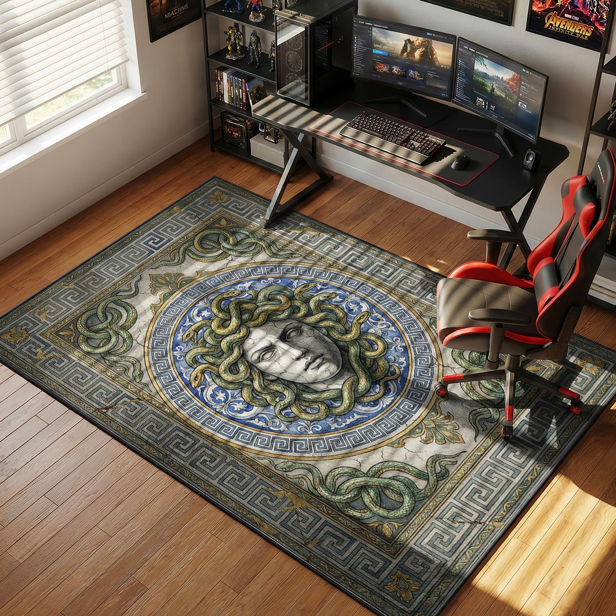 Medusa gorgon rug placed in a classical study with dark wood desk and brass lamp