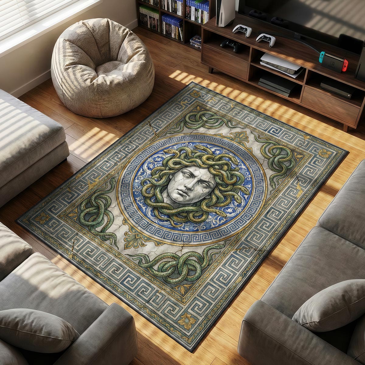 Close-up of Medusa rug showing cracked stone face detail and snake scales on velvet surface