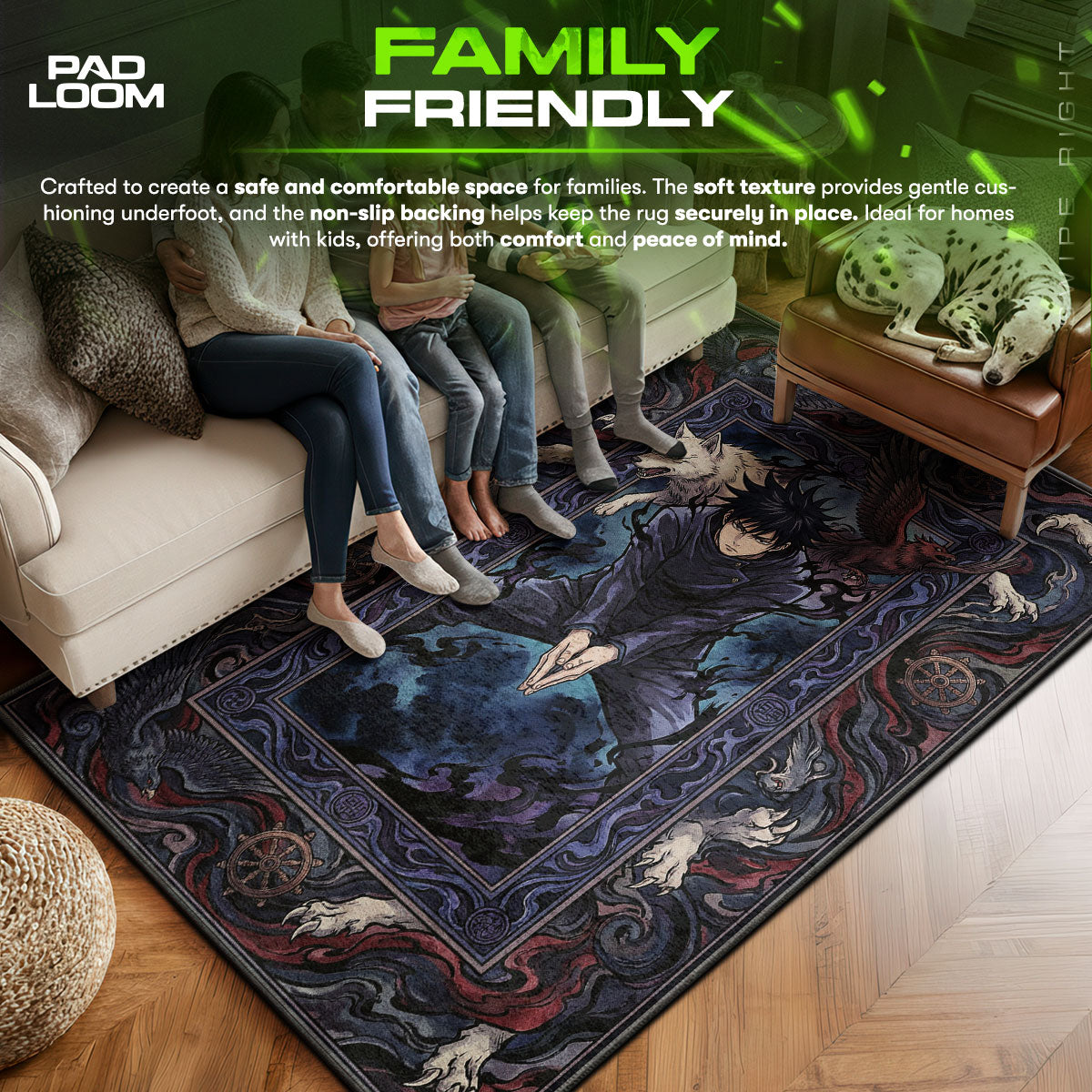 Megumi area rug showing full home decor artwork