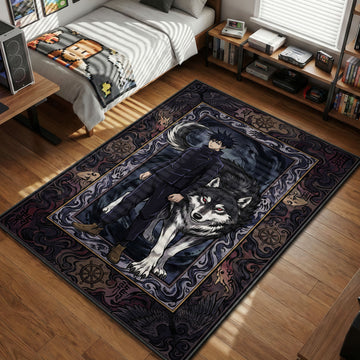 Megumi Fushiguro standing next to Divine Dog Totality with dark sorcery symbols and framing from Jujutsu Kaisen.