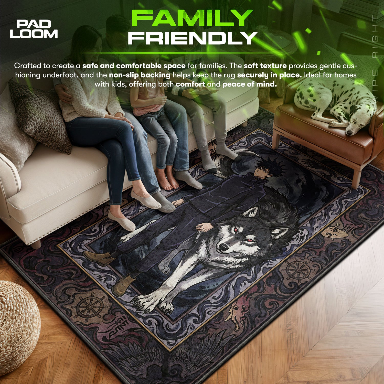 Megumi area rug showing full home decor artwork