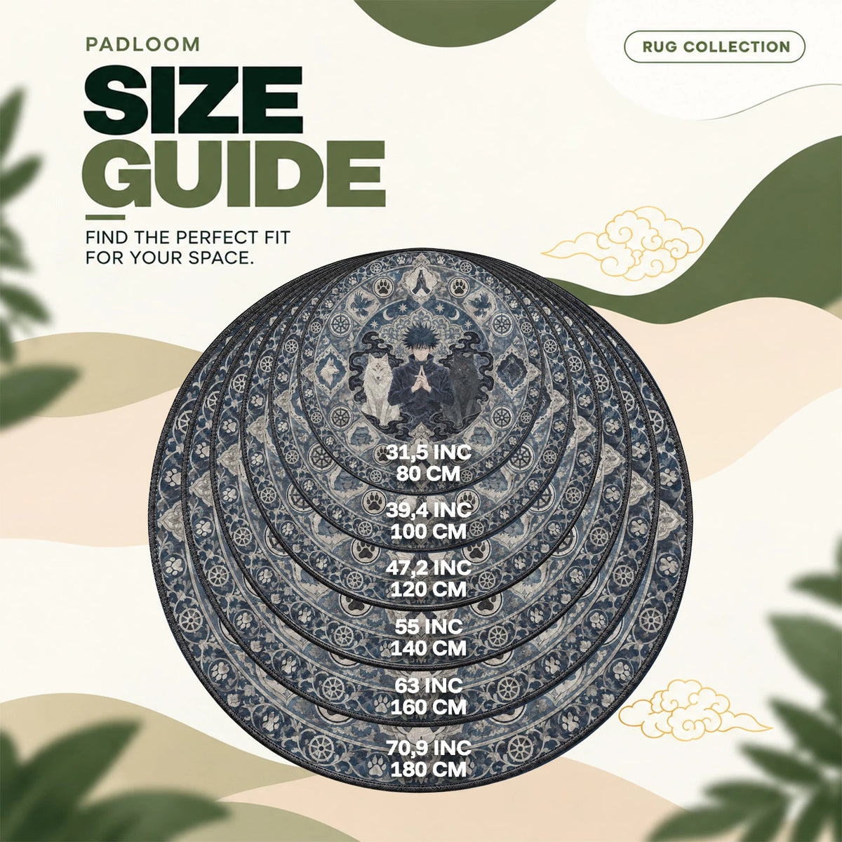 Megumi Shadow round rug size guide, 80 to 180 cm (31.5 to 70.9 in)