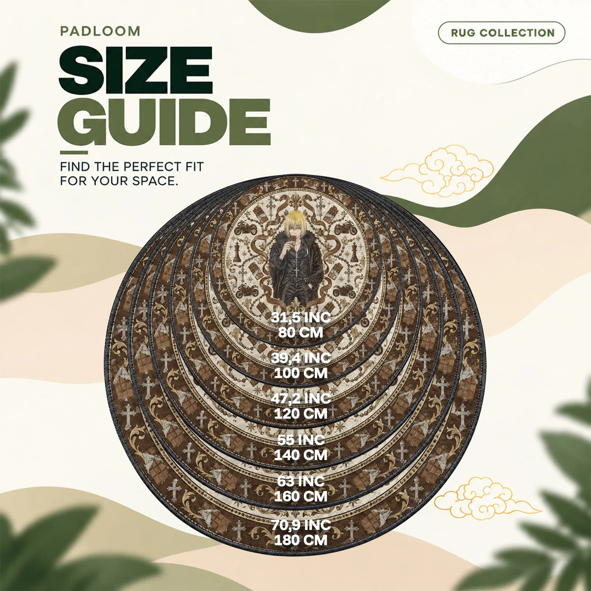Mello Chocolate round rug size guide, 80 to 180 cm (31.5 to 70.9 in)