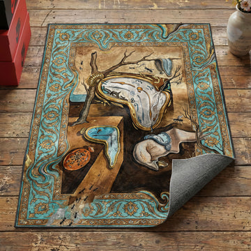 Surrealist melting clocks area rug with gold watches on barren landscape and turquoise scroll border