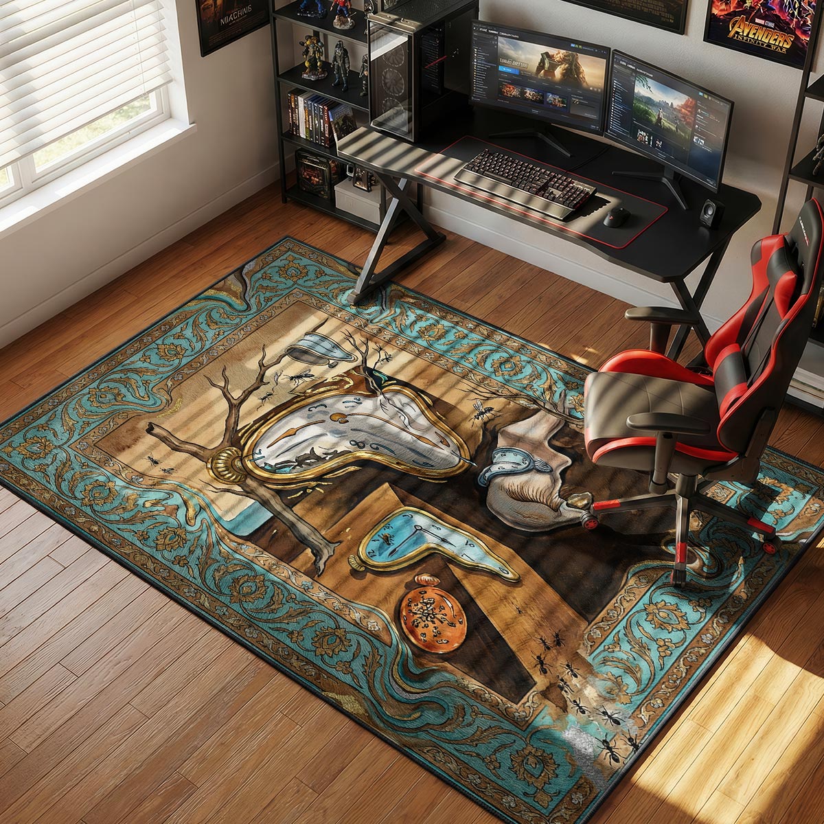 Melting clocks rug placed in a study with cream furniture brass lamp and warm wood shelving