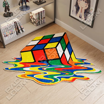 Melting Rubik shaped area rug, die-cut man cave rug
