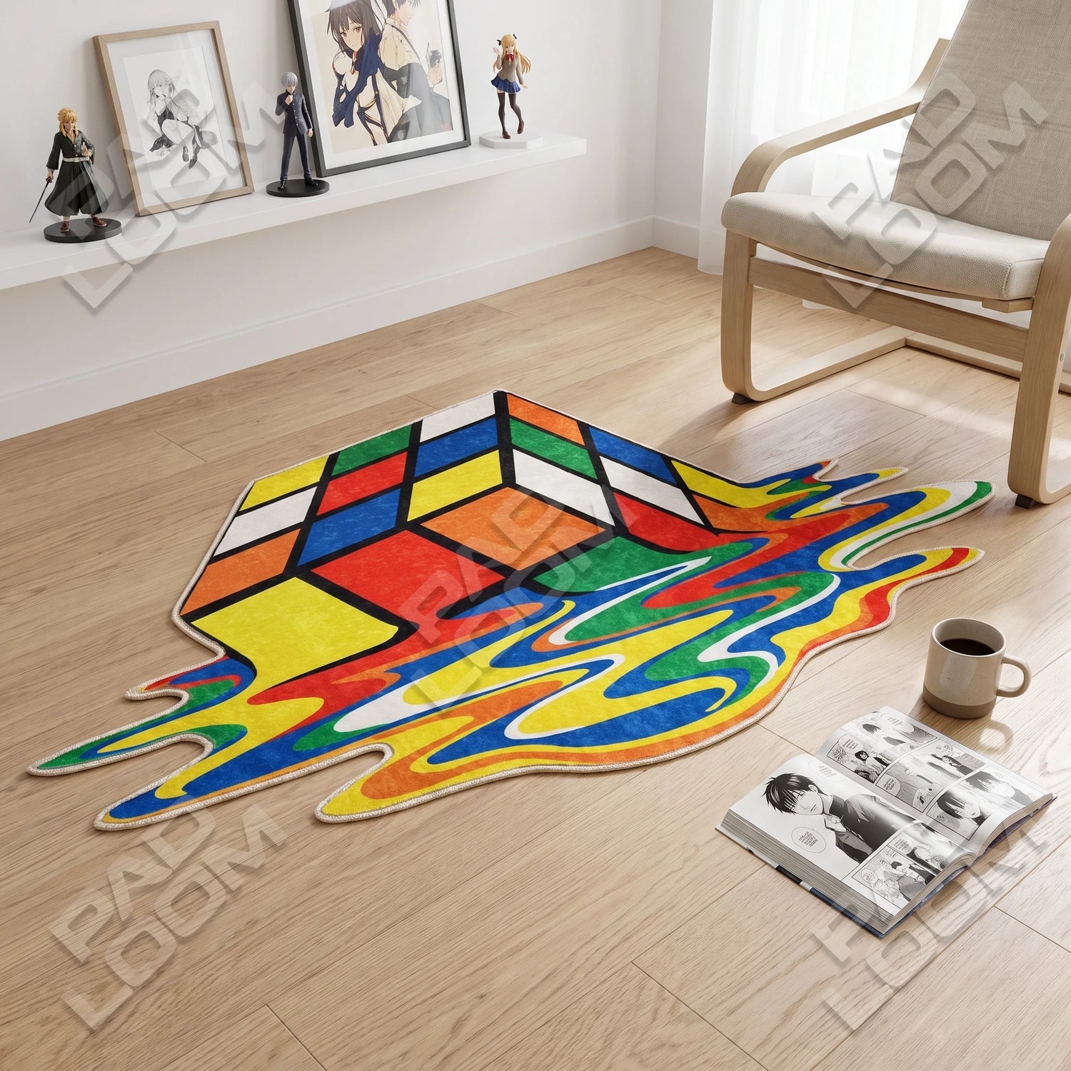 Melting Rubik shaped rug shown in a room setting