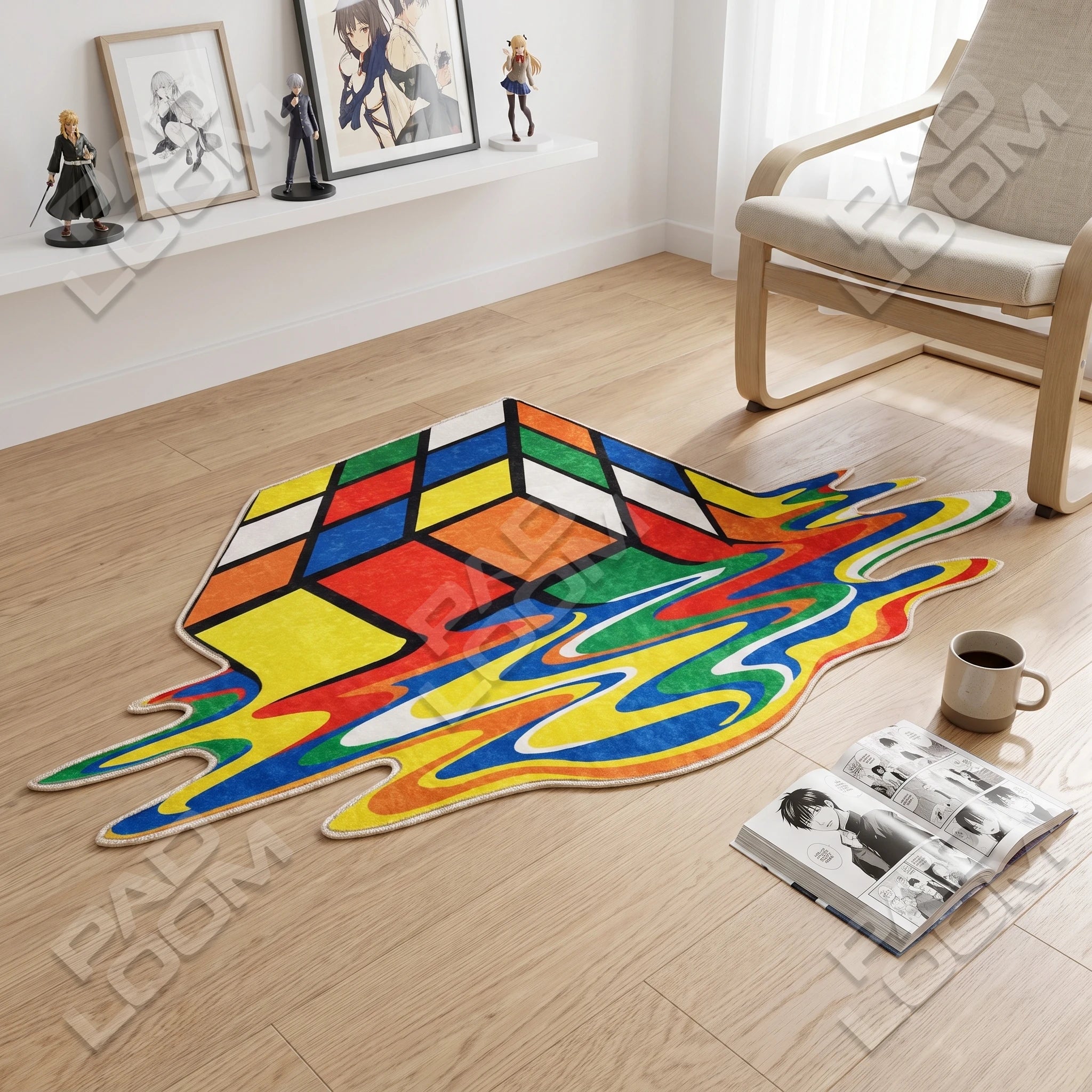 Melting Rubik shaped rug shown in a room setting