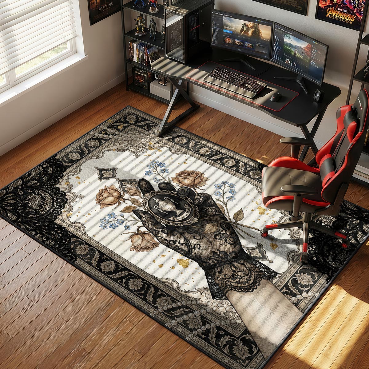Memento Mori lace rug placed beside a vintage vanity in a bright Victorian-style room