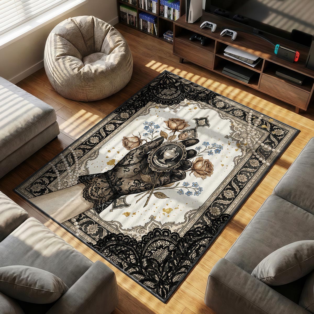 Close-up of Memento Mori rug showing pearl and gold leaf detail on velvet surface