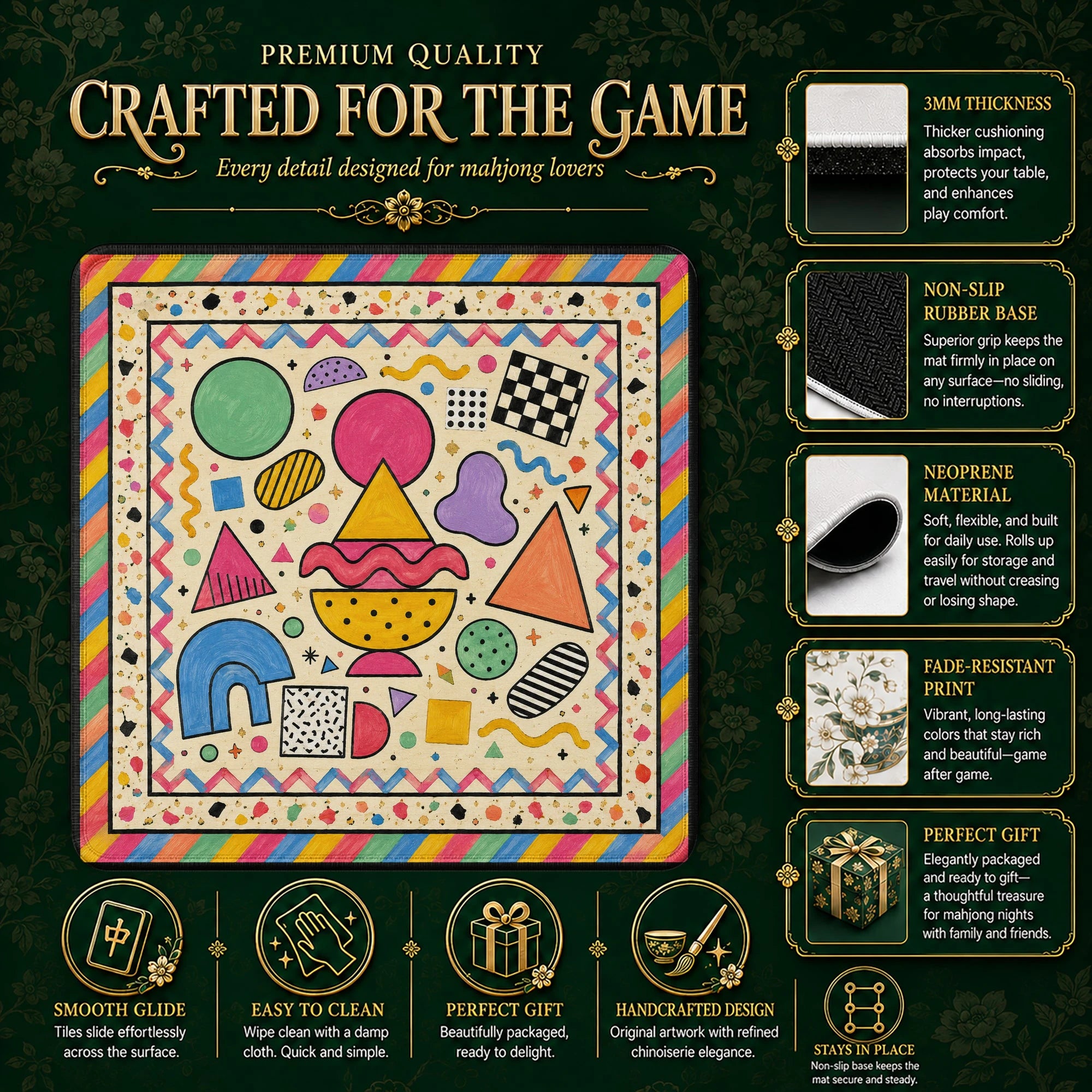 Memphis Geometric mahjong mat – M (60x60 cm) and L (81x81 cm) sizes