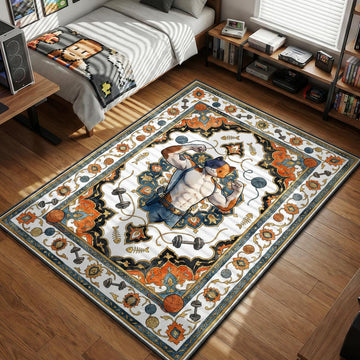 Fortnite Meowscles character flexing muscles surrounded by dumbbells and yarn balls in an ornamental style gaming area rug and floor mat