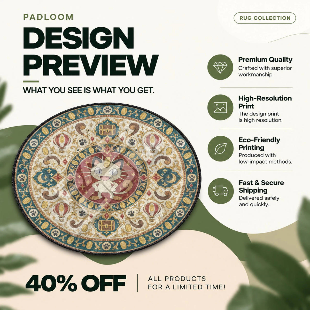 Meowth Treasure Pokemon round rug full design preview