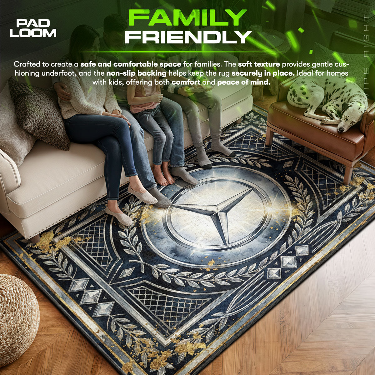 Dodge area rug showing full home decor artwork