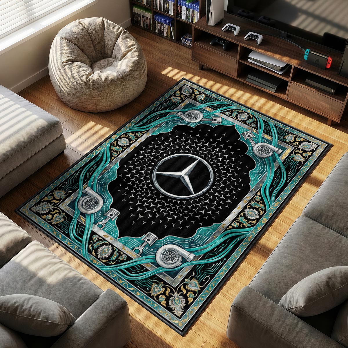 Mercedes Benz themed area rug for home decor fans