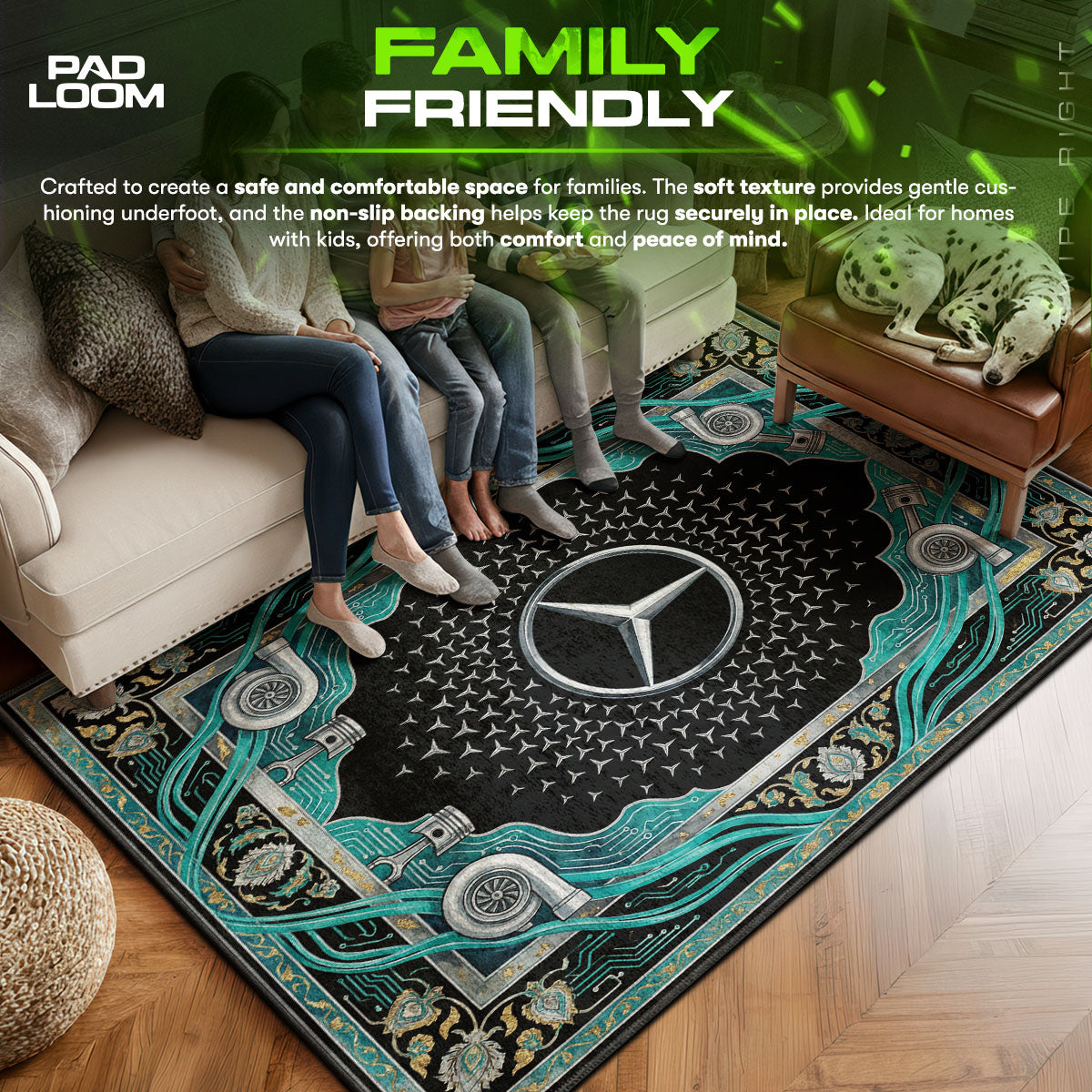 Mercedes area rug showing full home decor artwork